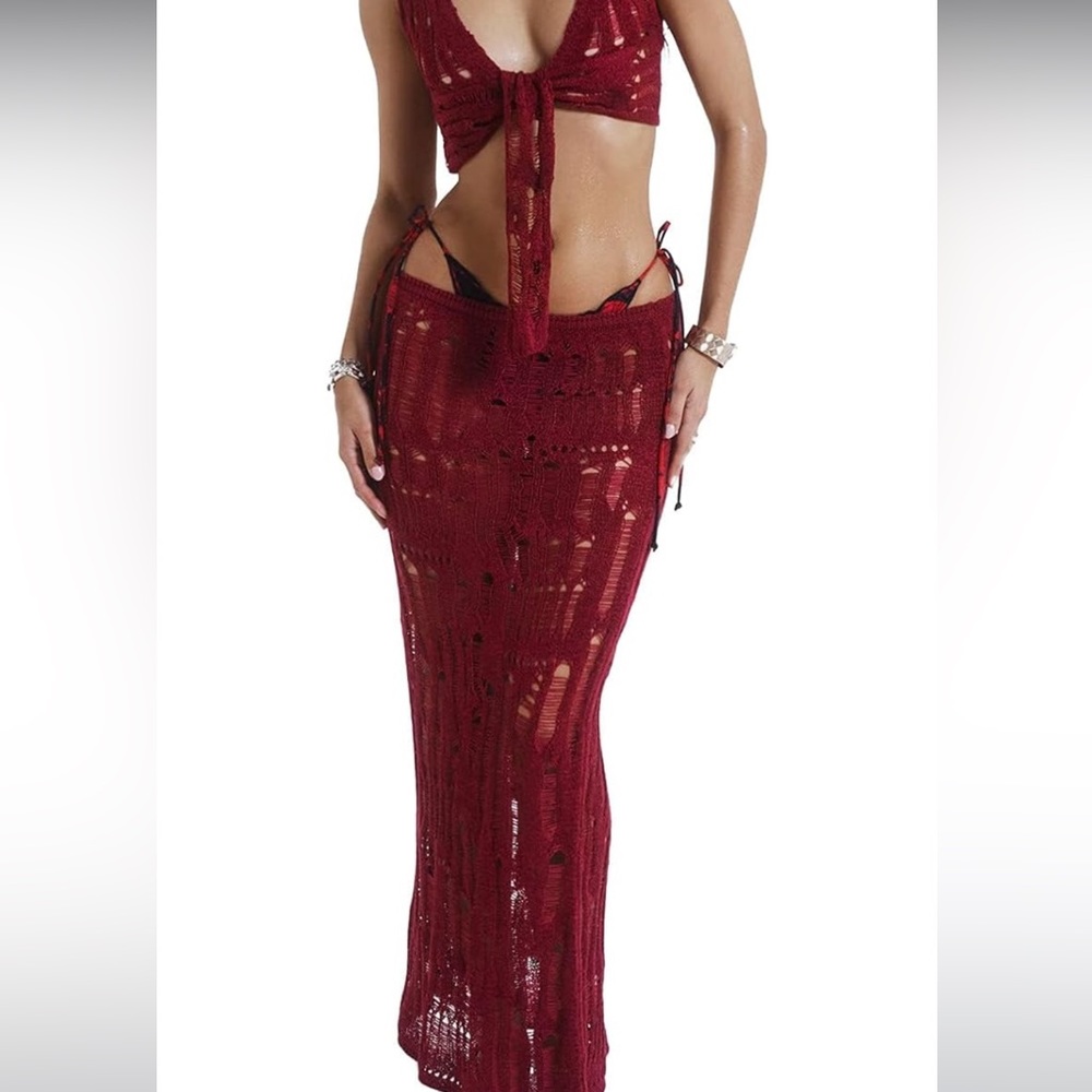 Red Knit Maxi Skirt/Cover Up